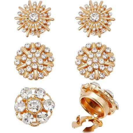 Women's Rhinestone Button Covers - 3 Styles - Gold - 6 Piece Set